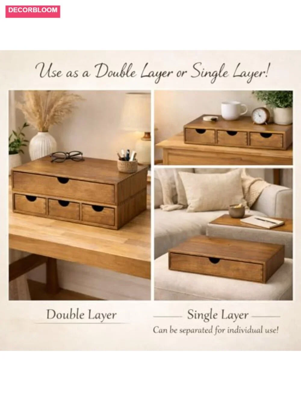 Double Layer Wood Coffee Pod Organizer Drawer Detachable Storage Box 3 Drawers